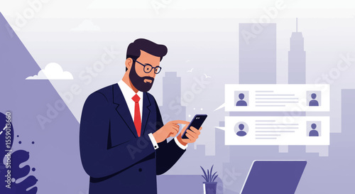 A man in a suit is using a smartphone, with chat bubbles on the screen displaying profiles of people. Suitable for landing page, banner, marketing, web design, presentation, infographic, etc.