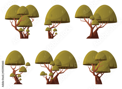 Stylized cartoon illustration showcases six green trees. The trees share similar shapes, with rounded canopies and brown trunks and branches. The background is white.