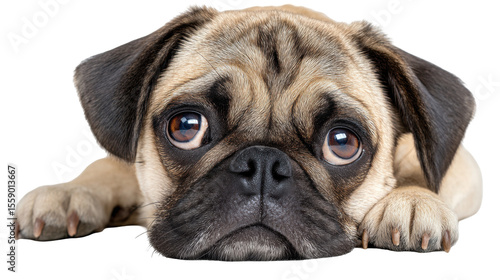 Pug dog isolated on transparent background lying down with sad eyes and wrinkled face