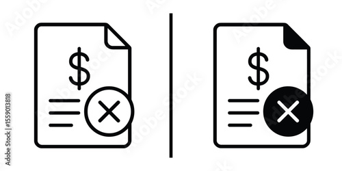 Failed Transaction Icons: Two distinct icons, one black and white, depicting a document marked with a dollar sign and a red "X", symbolizing rejected or failed transactions.