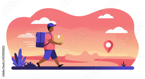 A dedicated courier swiftly delivers a package across a stylized landscape at sunset, symbolizing efficient online shopping and fast service.