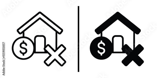 House Finance Rejected Icon: Visual representation of denied house purchase using symbol of house with dollar symbol and reject symbol