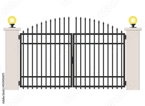 A decorative wrought iron gate sits between two beige columns topped with glowing lights. The gate offers a sense of security while maintaining an elegant entry.