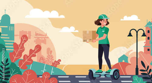 A delivery person in a green uniform and cap is riding a Segway while holding a package. Suitable for landing page, banner, marketing, web design, presentation, infographic, etc.