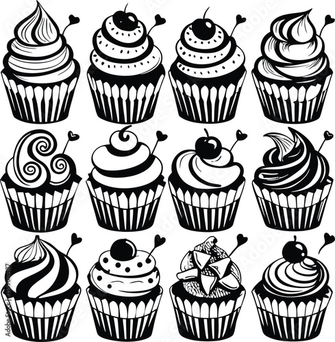 set of cupcakes with frosting and sprinkles. black and white outline.