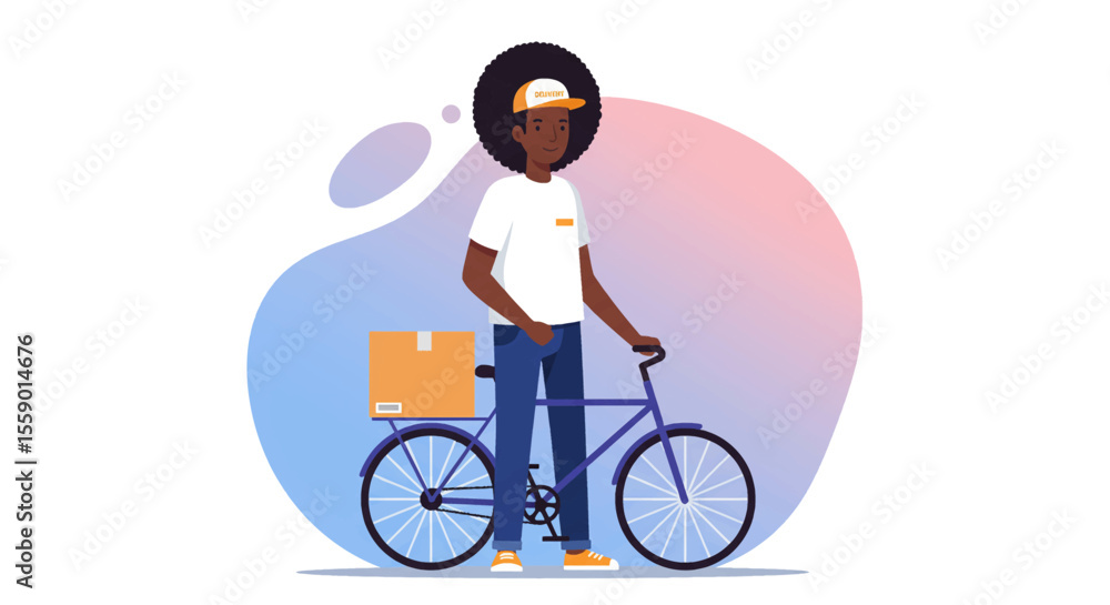 Fototapeta premium a person standing next to a bicycle with a package attached to the back, wearing a white shirt and a cap. Suitable for landing page, banner, marketing, web design, presentation, infographic, etc.