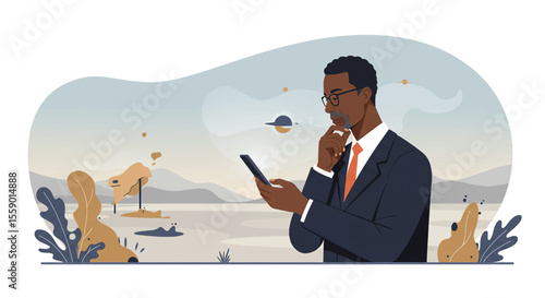 a man in a business suit standing in a desert landscape, looking at his phone with a pensive expression. Suitable for landing page, banner, marketing, web design, presentation, infographic, etc.