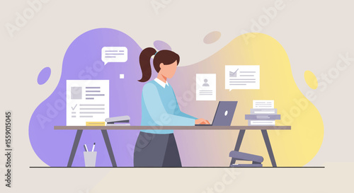 A young woman works on her laptop at a standing desk in a modern office, surrounded by documents and notes, suggesting a busy workday in a creative or professional setting.