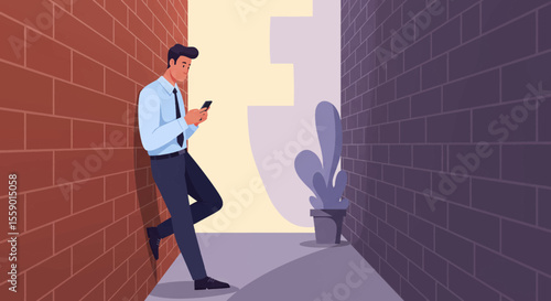 A man dressed in a blue shirt and tie is leaning against a brick wall, engrossed in his phone. Suitable for landing page, banner, marketing, web design, presentation, infographic, etc.