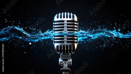 Vintage Microphone in Flowing Water, Evoking Pure Sound