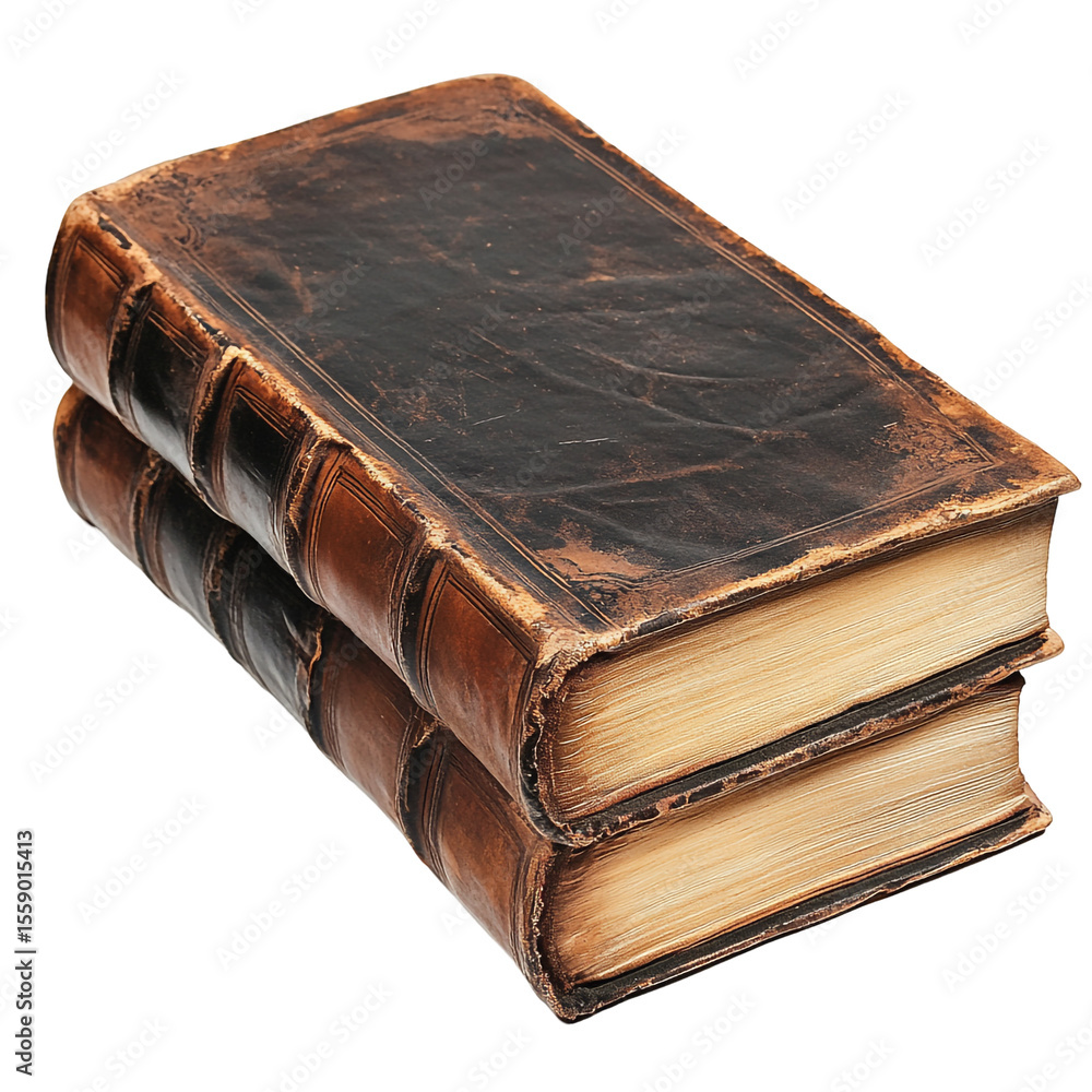 Obraz premium Two antique books stacked leather bound aged pages history library literature old text