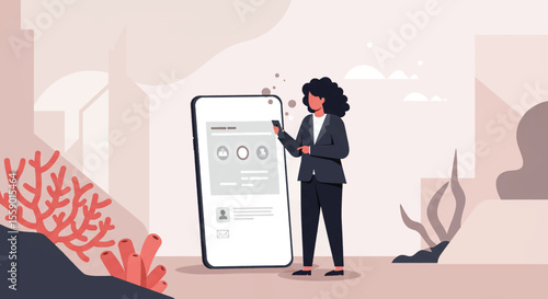 a woman standing next to a phone with a key on it