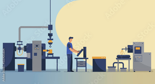 a man operating a machine in a factory setting, surrounded by various industrial equipment and machinery. Suitable for landing page, banner, marketing, web design, presentation, infographic, etc.