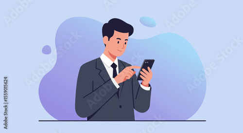 A man dressed in a suit is standing and looking at his smartphone, which he is holding in his right hand. Suitable for landing page, banner, marketing, web design, presentation, infographic, etc.