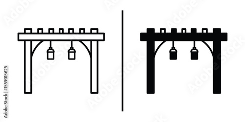 Black and White Rustic Bench: A minimalist illustration of a sturdy wooden bench, presented in both black and white, highlighting its clean lines and functional design.