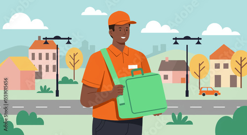 Friendly delivery man with a green bag walks happily through a colorful suburban neighborhood on a sunny day, representing efficient service and community.