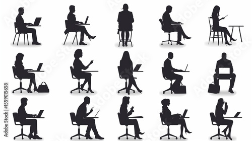 Various silhouettes of individuals engaged in working activity. Diverse silhouettes showcase people using laptop
