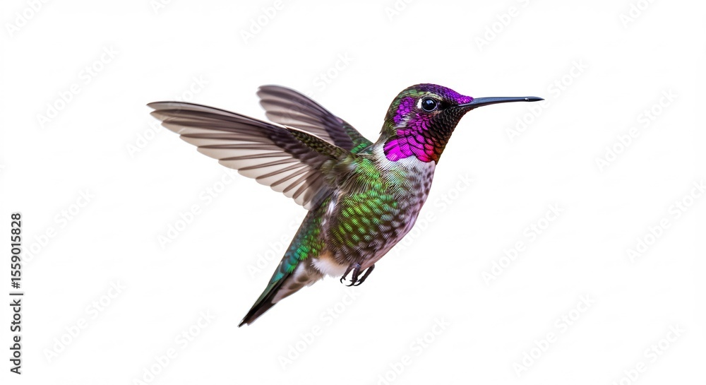 Fototapeta premium 鮮やか羽根輝くハチドリ 優雅に空中舞う 自然光鮮明. AI Generated