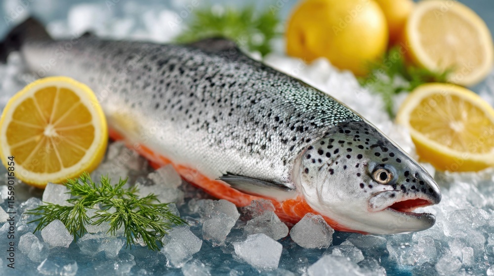 A whole salmon lies on a bed of ice, surrounded by vibrant lemon slices and fresh herbs. The glistening fish showcases its rich colors, ready for culinary use. A whole salmon lies on a bed of ice, surrounded by vibrant lemon slices and fresh herbs. The glistening fish showcases its rich colors, ready for culinary use.