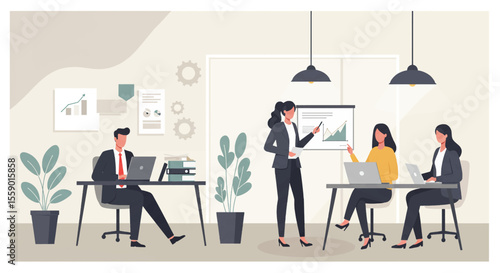 a business office scene with three individuals engaged in work activities. Suitable for landing page, banner, marketing, web design, presentation, infographic, etc.