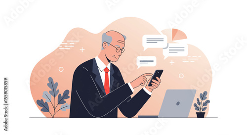 an older man in a suit and glasses using a smartphone, with chat bubbles and a pie chart in the background. Suitable for landing page, banner, marketing, web design, presentation, infographic, etc.