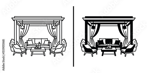 Elegant Gazebo Relaxation: A detailed monochrome vector illustration showcases a stylish outdoor gazebo setting, featuring a comfortable seating arrangement with chairs and a central coffee table.