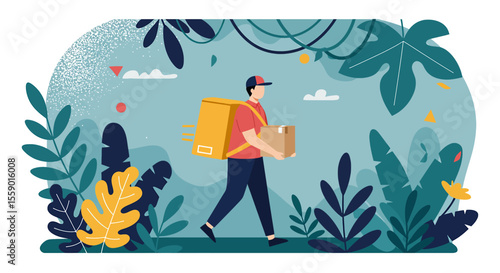 A delivery person with a backpack walks through a lush jungle, delivering a package amidst tropical foliage and leaves.