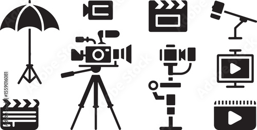 Black and White Filmmaking Equipment Icons Set Camera Tripod Clapperboard Umbrella Monitor movie