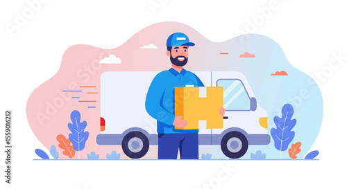 Delivery man in uniform holding a package in front of a white van, with stylized plants and a gradient background.
