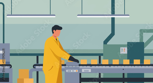 A worker in a yellow protective suit operates a conveyor belt system in a modern factory setting, assembling products.