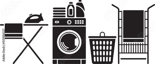 Black and White Laundry Room Icon Set Ironing Board Washer Iron Detergent Basket Clothes Drying Rack Towels