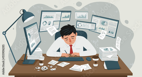 An overwhelmed businessman is slumped at his cluttered office desk, surrounded by floating data and documents, illustrating the intense pressure and burnout.