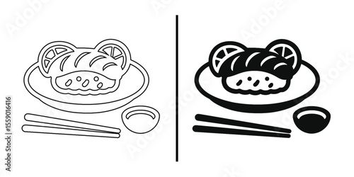 Sushi Icon Set: A versatile set of line art and solid icons depicting a delectable sushi dish, complete with chopsticks and soy sauce, ideal for restaurant menus, websites, or culinary branding.