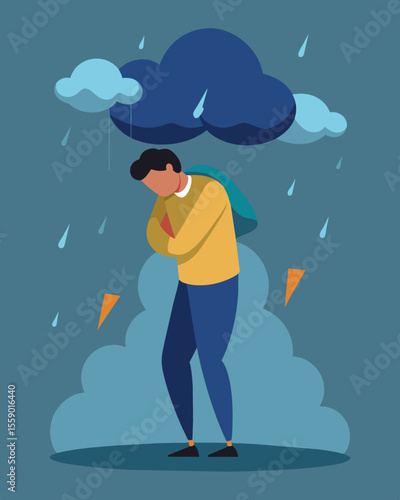 The weight of stressors hangs heavy on the slumped shoulders of the person standing in the midst of a storm threatening to pull them under.. Vector illustration