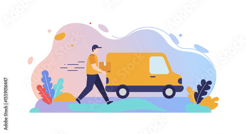 Delivery person walking with a package next to a yellow van, symbolizing fast and efficient shipping services in a modern style.