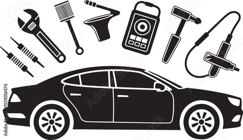 Black Sedan Car Repair Tools Illustration Wrench Jack Oil Filter Torque Wrench Lug Wrench vector