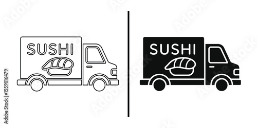 Sushi Delivery Truck Illustration: A minimalist depiction of a sushi delivery truck, showcasing a stylized image of sushi and the word "SUSHI" on its side.