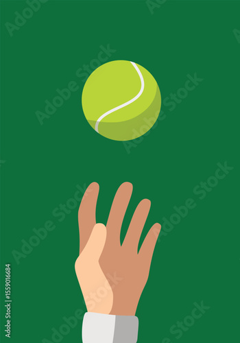 hand reaching upward for tennis ball with dark green wimbledon court background, vector sports illustration  