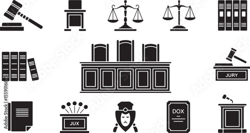 Black Silhouette Courtroom Icons Set Judge Gavel Scales Jury Box Document Witness Stand justice