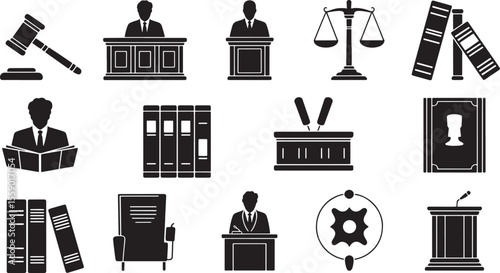 Black Silhouette Icons Courtroom Essentials Judge Gavel Scales Books Witness Stand Podium justice