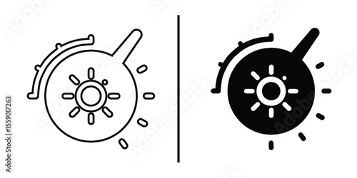 Brightness Control Icons:  A pair of minimalist brightness control icons, one in line art and the other in solid black, representing increasing brightness levels.
