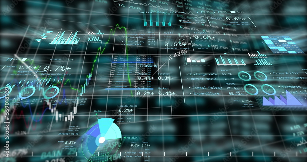 Obraz premium Presenting holographic trading interface in virtual dashboard, showing line graphs and data blocks
