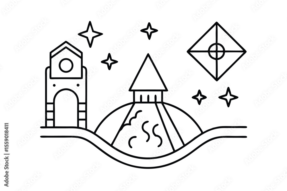 Obraz premium Night Sky Line Art Serene Town, Starry Hilltop, and Diamond Kite