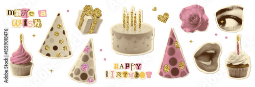 Happy birthday halftone collage cut outs set. Various paper clipping shapes with golden glitter. Present, cake, cone cap stickers with gold sparkle texture. Retro vector design for mixed media