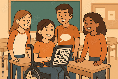  Teenage Girl Using Speech-Generating Device Talking with Classmates Classroom Inclusive Vector Illustration