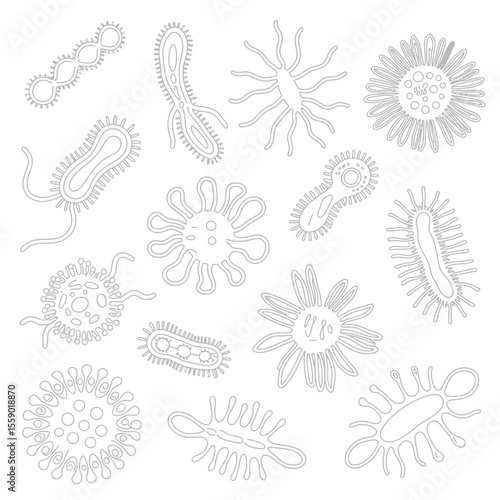 Various Types of Bacteria and Microbes Line Art Illustrations