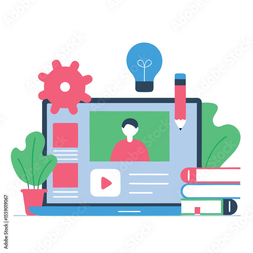 Online learning concept with laptop video books and lightbulb