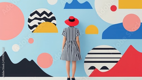 Woman in striped dress admiring abstract geometric wall art in vibrant colors