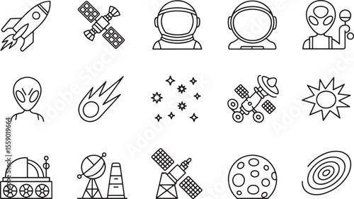 Twelve Space Exploration Line Art Icons Rocket Satellite Astronaut Alien Meteor Stars Sun Moon Galaxy Observatory