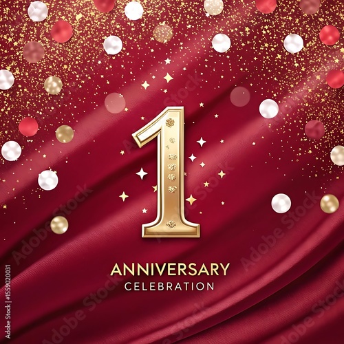 Elegant golden number one anniversary celebration with red draping and confetti